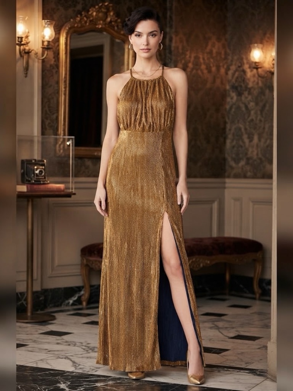 Charlotte Russe Metallic Gold Halter Evening Gown with Side Slit